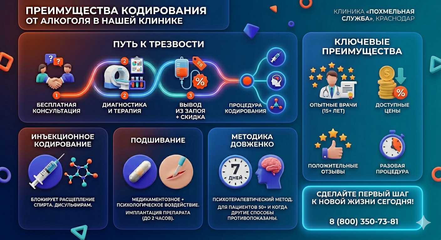 Инфографика о методах кодирования от алкоголя в Алапаевске: инъекции, подшивание, метод Довженко. Преимущества клиники и этапы лечения.
